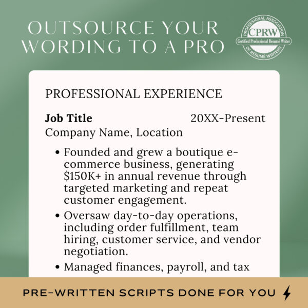 Entrepreneur Women coach template script writing service Business Owner Job Description words Startup Resume Wording Self Employed CV Sample - Image 5